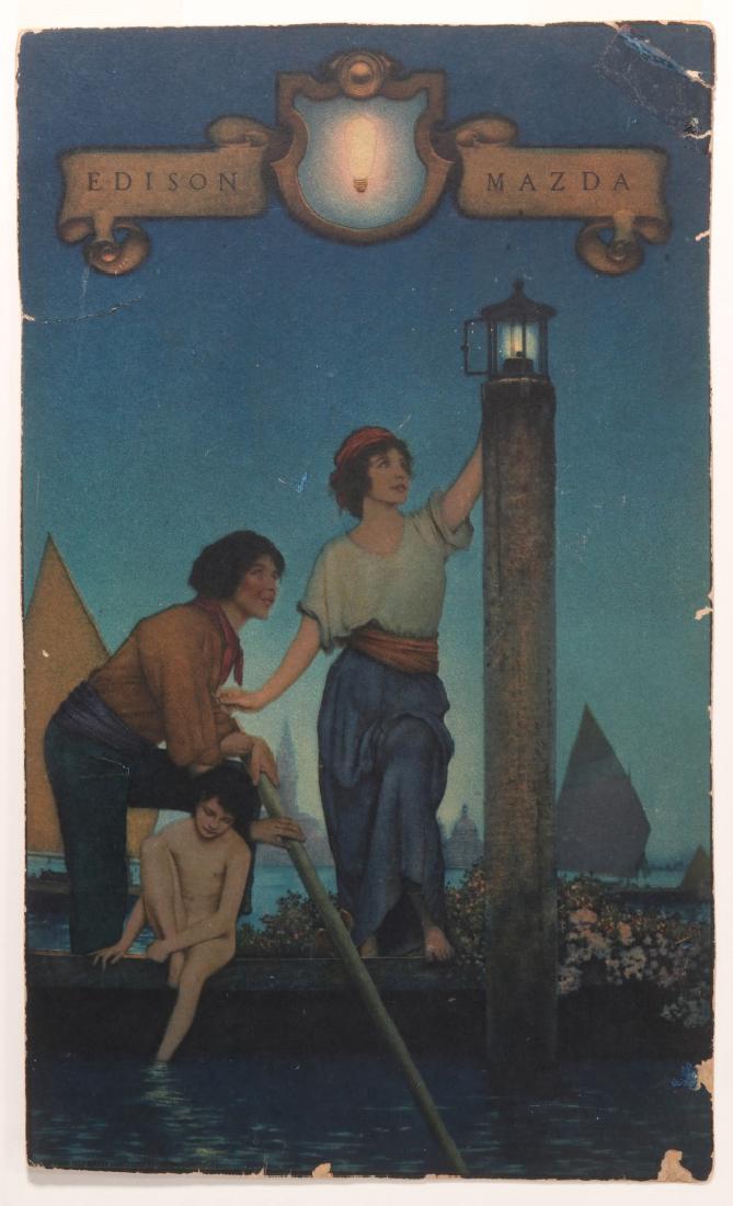 TWO 1920s MAXFIELD PARRISH PRINTS: A 1925 edition print 'A Florentine Fete' measures 7 x 11 inches, 'Edison Mazda' Venetian Lamplighter calendar top measures 10.5 x 6.25 inches. Frame measures 15 x 10.75 inches. We happily provide seam