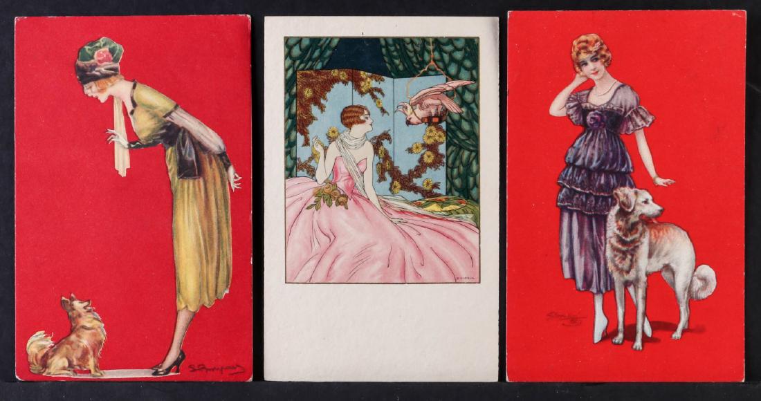 TWENTY-FIVE ARTIST SIGNED IN PLATE GLAMOUR POSTCARDS: Artists include: A. Penot (3), Aurelio Bertiglia (2), Colombo (3), Cobb Shinn (5), Birger (3), B. Aldrich, M. Farini, Hardy, Bianchi, Bonora, Nanni, Meschini, a three others. Measure approximately 5.5