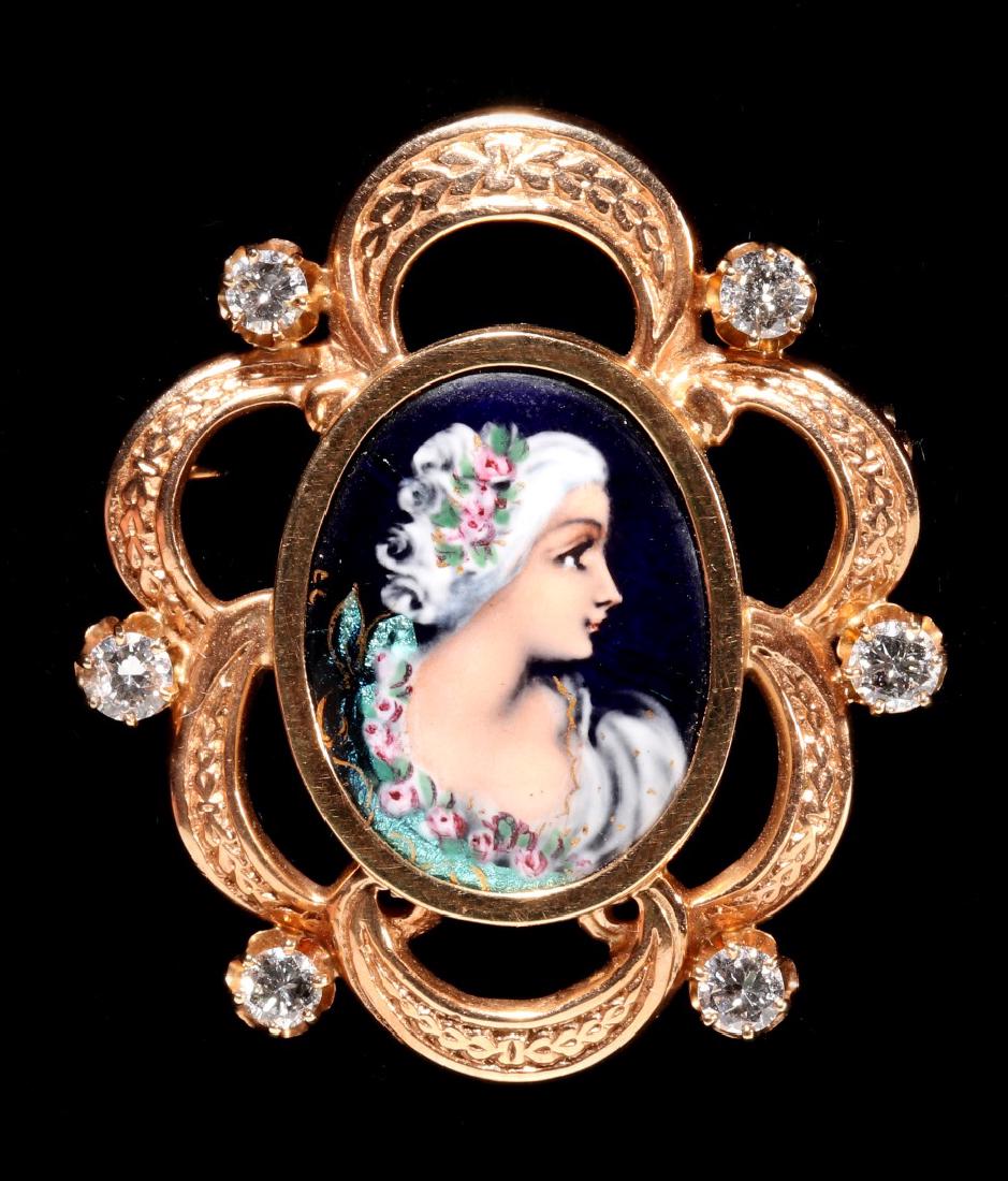 FRENCH KILN-FIRED ENAMEL IN 14K BROOCH WITH DIAMONDS (1 of 7)