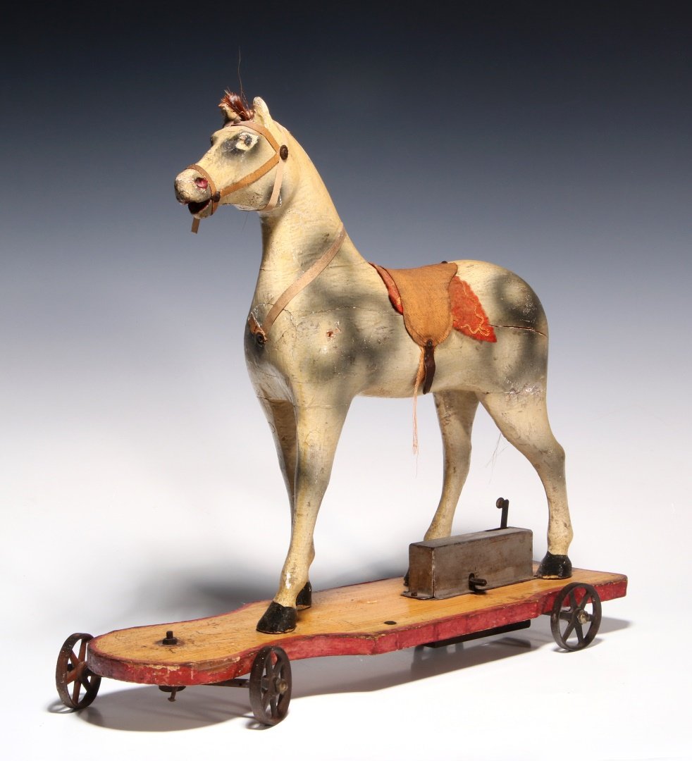 AN UNUSUAL 19TH C. KEY WIND PLATFORM HORSE ON WHEELS (1 of 10)