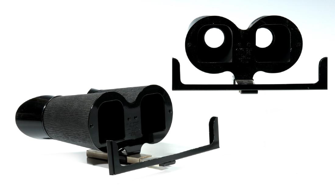 TWO KEYSTONE STEREOSCOPES: Both marked 'Keystone View Co.,' black textured barrels, black metal frames and card holders, both well marked, measure 3.5 x 7.25 x 8.5 inches overall. We happily provide seamless in-house packing an