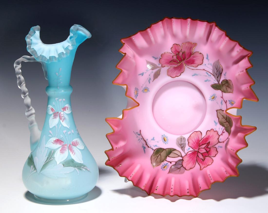 TWO PIECES OF 19TH CENTURY VICTORIAN ART GLASS: Ewer measures 10 x 4.25 inches. 3.75 x 10.5 x 8.25 inch ruffled bowl. We happily provide seamless in-house packing and shipping services on nearly everything we sell.