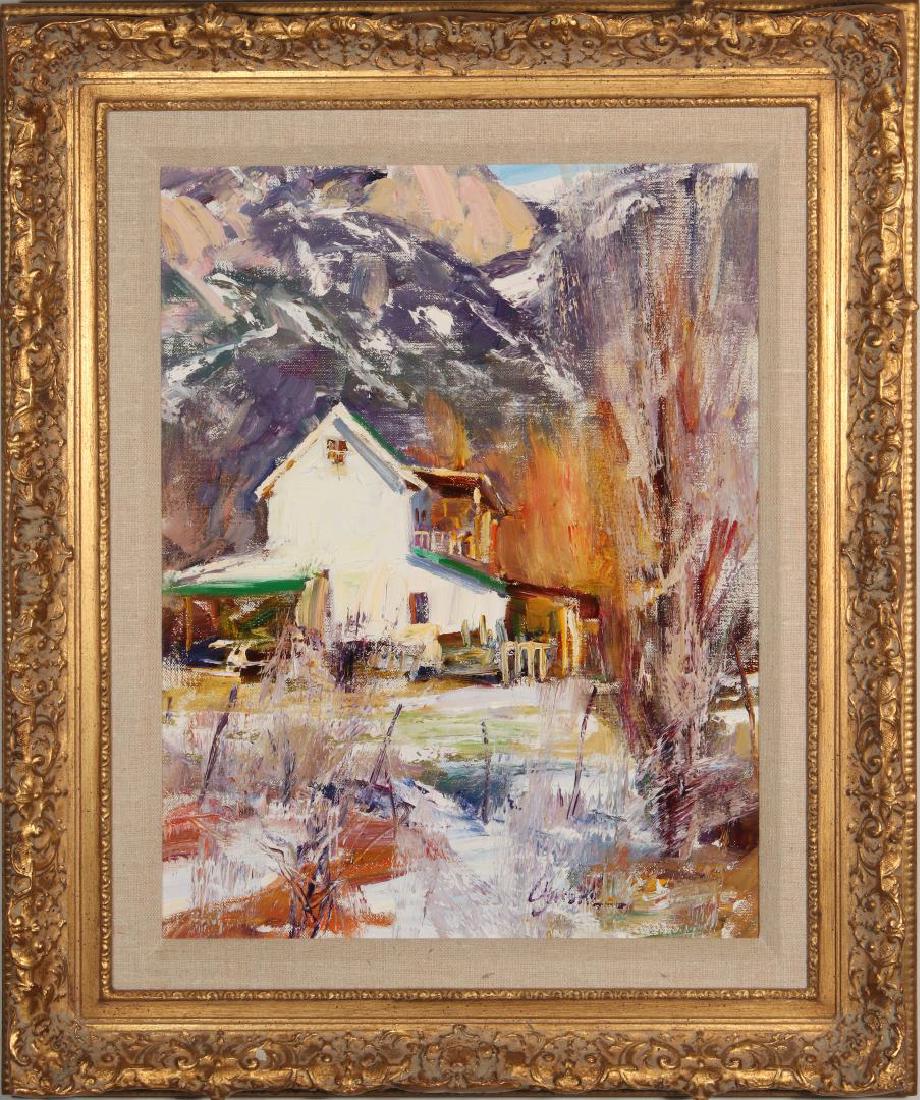 WALTER GONSKE (BORN 1942) OIL ON CANVAS: Walt Walter Gonske (born 1942 New York, New Mexico) 'Arroyo Seco, N.M.' Oil on Canvas Signed lower right and verso Canvas measures 18 x 14, the frame 24.5 x 20.5 inches Walt Gonske left his career as 