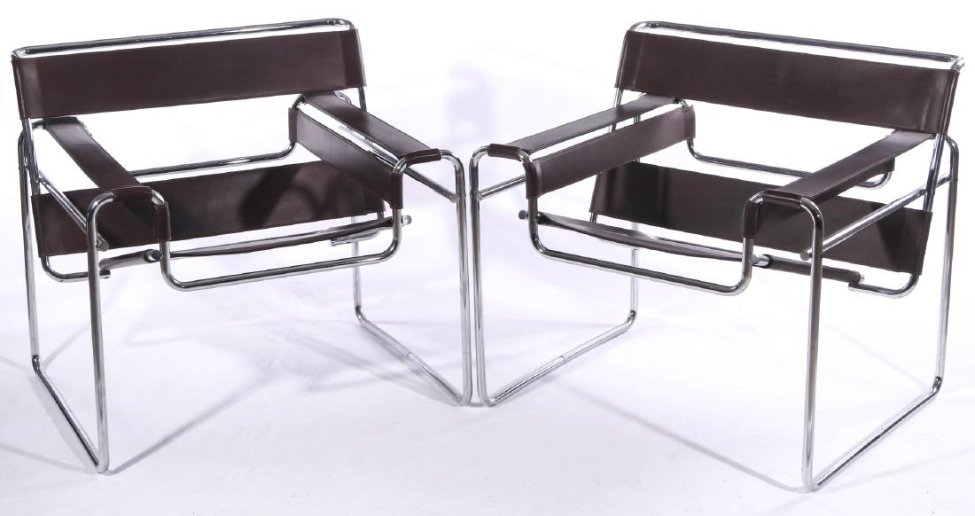 PAIR KNOLL MARCEL BREUER/WASSILY CHAIRS: Marcel Breuer Pair chrome-plated steel and strap leather chairs. Knoll International label. Circa 1970s Measure 29 x 27 x 30.5 inches. Provenance: The estate of Kansas City architect Evan Folger. We h