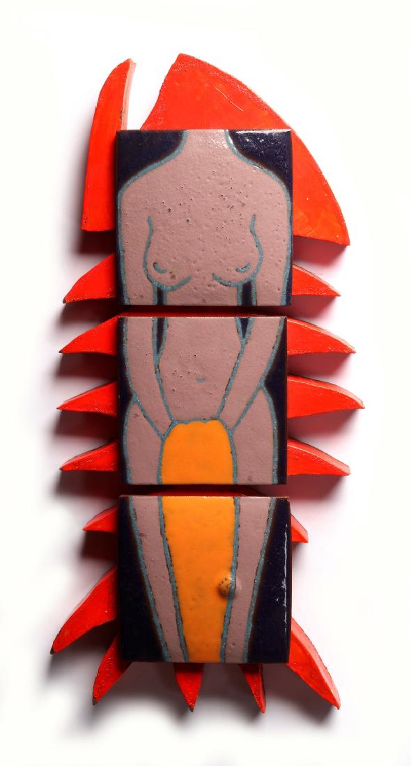 JIM MYERS (1958 - 2013) 'MODERNIST' ASSEMBLAGE: James Thomas Myers (1958 - 2013 Missouri, France) Nude triptych on a bright orange fish skeleton. Polychrome glazes on ceramic tile, scroll cut painted wood. Measures 23.5 x 10 inches overall, 6 x 6 i