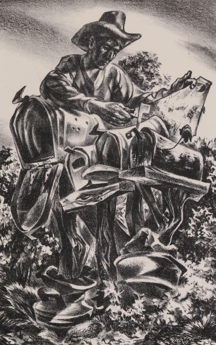 CHARLES BANKS WILSON (1918-2013) PENCIL SIGNED: Charles Banks Wilson (1918 - 2013 Oklahoma) 'Boxholder' Lithograph Dated 53, Signed, numbered, titled and dated in pencil Image size 13 x 8, sheet measures 18.5 x 11 inches, no frame. We happily provi
