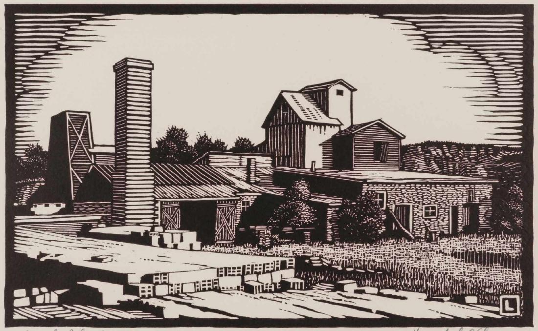 HERSCHEL C LOGAN (1901-1987) PENCIL SIGNED WOODBLOCK: Herschel C Logan (1901 - 1987 Missouri/Kansas) 'Brick Plant' lower right Block print Signed and titled in pencil Block size 4.5 x 7.5, sheet size 7.25 x 8.5 inches, unframed.