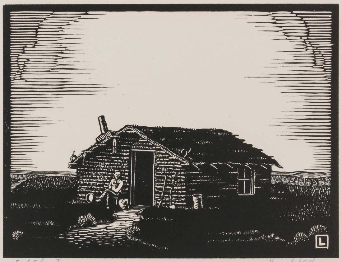 HERSCHEL C LOGAN (1901-1987) PENCIL SIGNED WOODBLOCK: Herschel C Logan (1901 - 1987 Missouri/Kansas) 'Sod Shanty' Block print Signed and titled in pencil Block size 5 x 7, sheet size 7.5 x 8.75 inches, unframed
