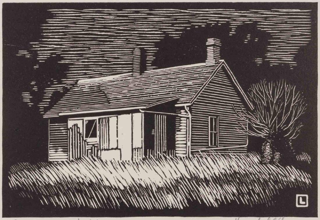 HERSCHEL C LOGAN (1901-1987) PENCIL SIGNED WOODBLOCK: Herschel C Logan (1901 - 1987 Missouri/Kansas) 'Summer Night' Block print Signed and titled in pencil Block size 4 x 6, sheet size 7 x 8.75 inches, unframed