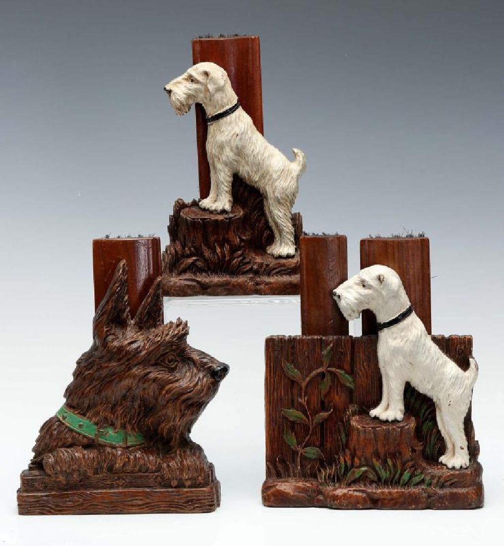 THREE SYROCO WOOD TERRIER BRUSH HOLDERS (1 of 9)