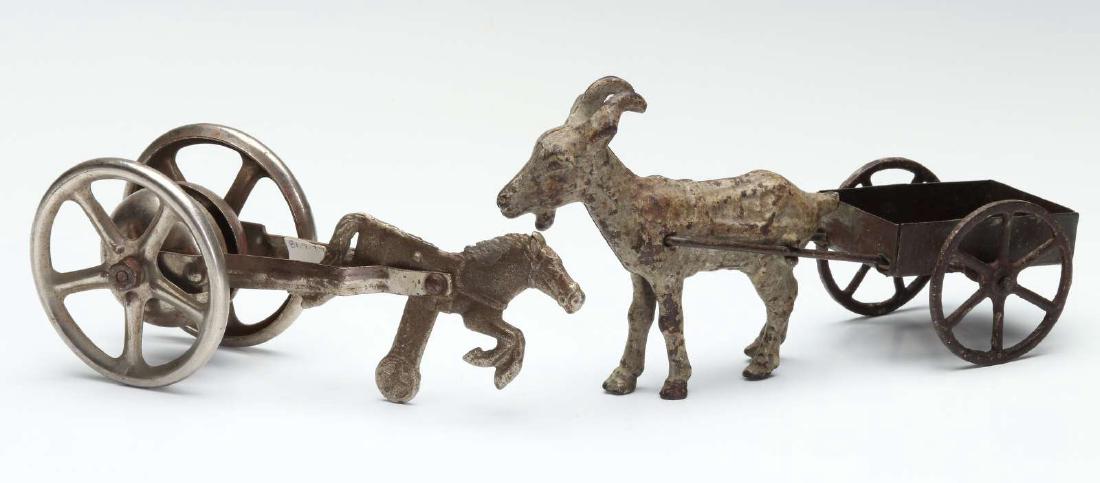 TWO ANTIQUE TOYS HORSE PULLING BELL & GOAT CART (1 of 6)