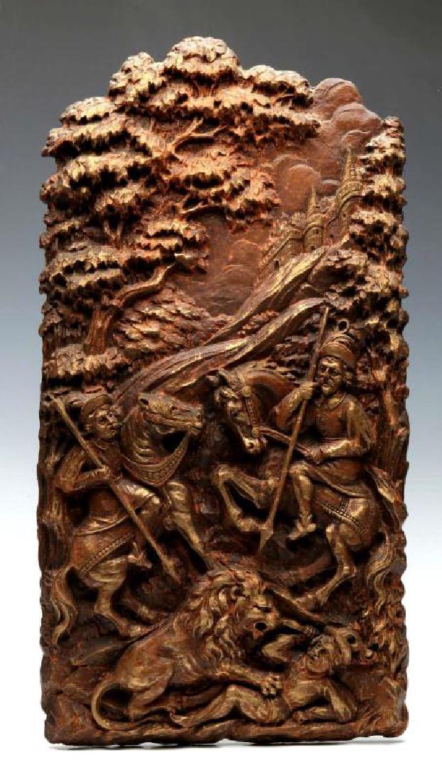 LARGE SYROCO WOOD BAS RELIEF PLAQUE, LION HUNT (1 of 7)
