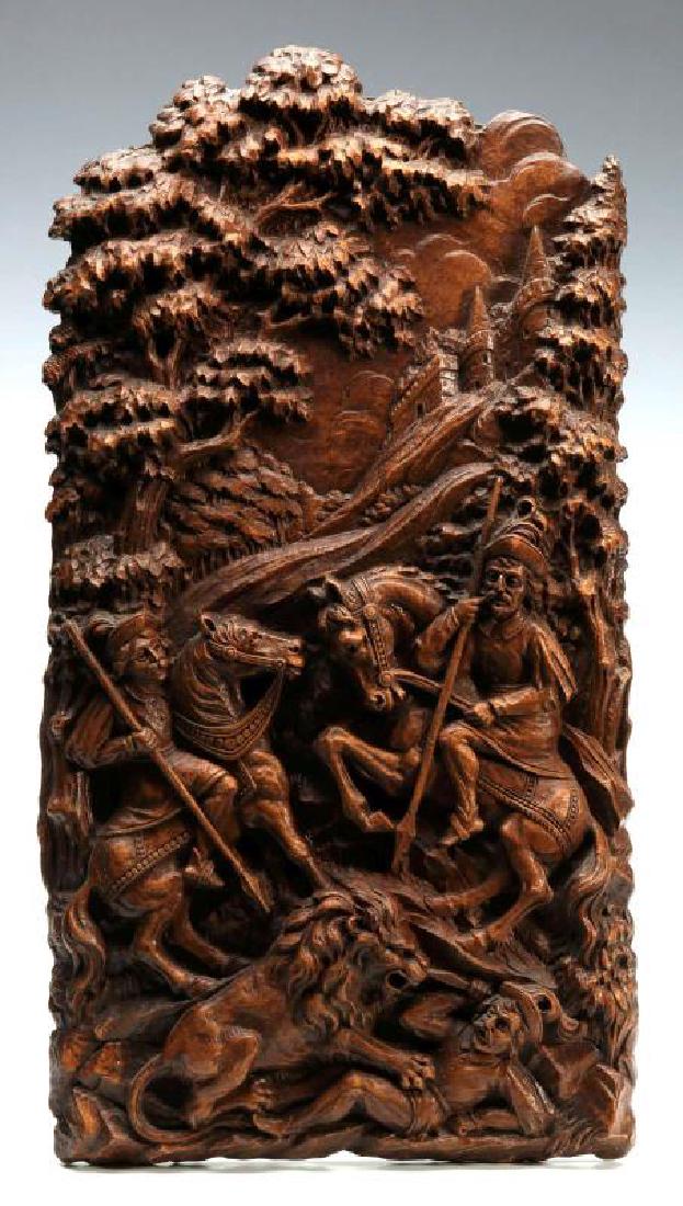 LARGE SYROCO WOOD BAS RELIEF PLAQUE, LION HUNT (1 of 7)