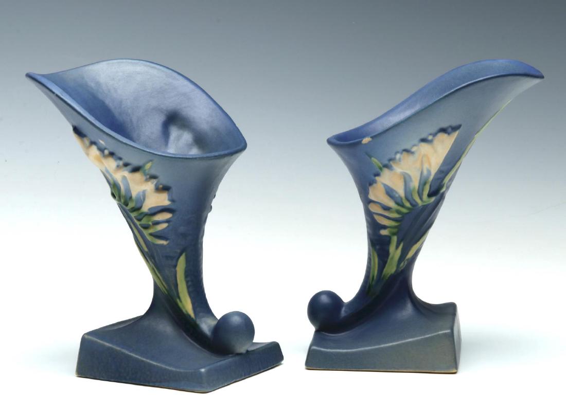 A PAIR OF ROSEVILLE BLUE FREESIA CORNUCOPIA VASES (1 of 9)