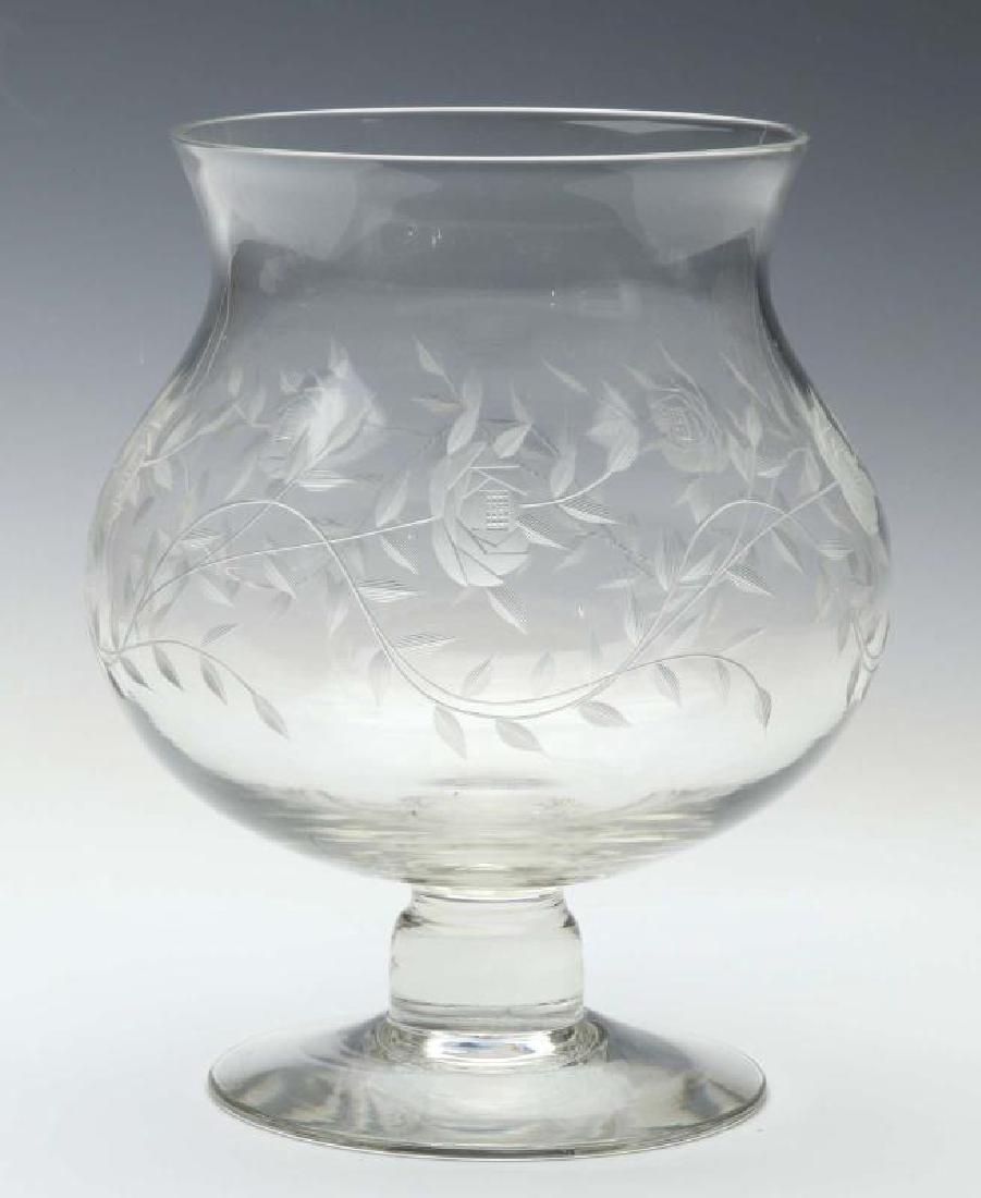 A LARGE ETCHED GLASS CHALICE: With spurious etched signature. Measures 9 x 6.5 inches. We happily provide seamless in-house packing and shipping services on nearly everything we sell.