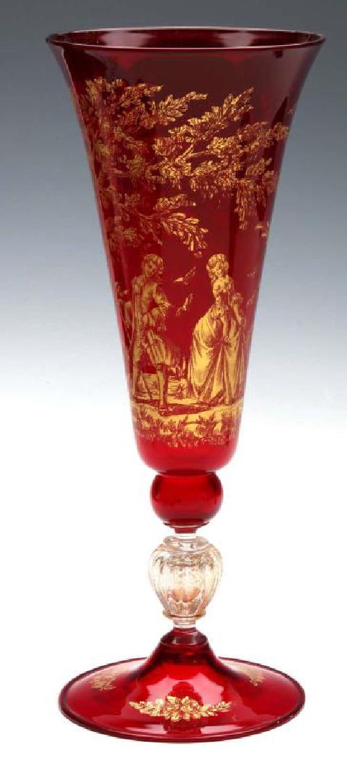 A VINTAGE VENETIAN GLASS FOOTED VASE: Measures 13 x 5.25 inches. We happily provide seamless in-house packing and shipping services on nearly everything we sell.