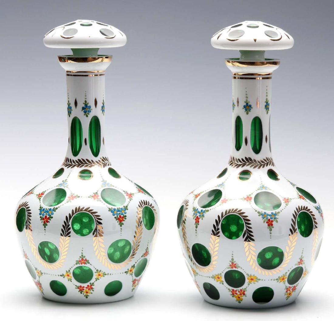 BOHEMIAN WHITE CUT TO GREEN OVERLAY GLASS DECANTERS (1 of 5)