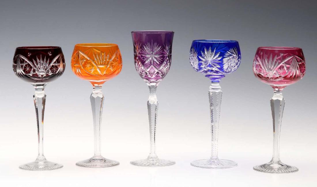 FIVE BOHEMIAN CUT-TO-CLEAR COLORED GLASS WINES (1 of 6)