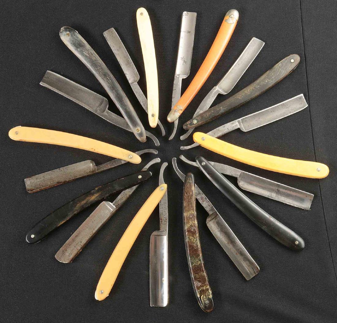 LOT OF TEN STRAIGHT RAZORS: Includes blades marked Otto Deutsch's Hans, Dubl Duck, Oxford, etc. Variety of handles. Average 6 inches closed. We happily provide seamless in-house packing and shipping services on nearly everything