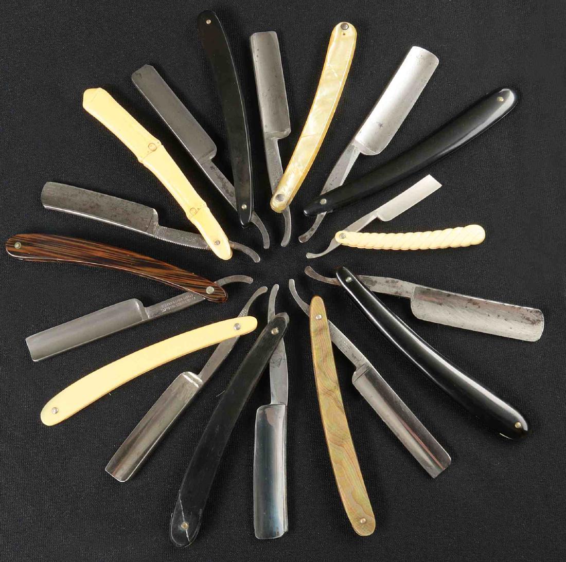 LOT OF TEN STRAIGHT RAZORS: Includes blades marked Dandy, Erik Anton, Salem Markes, Lakeside Cutlery, Blue Diamond, etc. Variety of handles. Average 6 inches closed. We happily provide seamless in-house packing and shipping serv