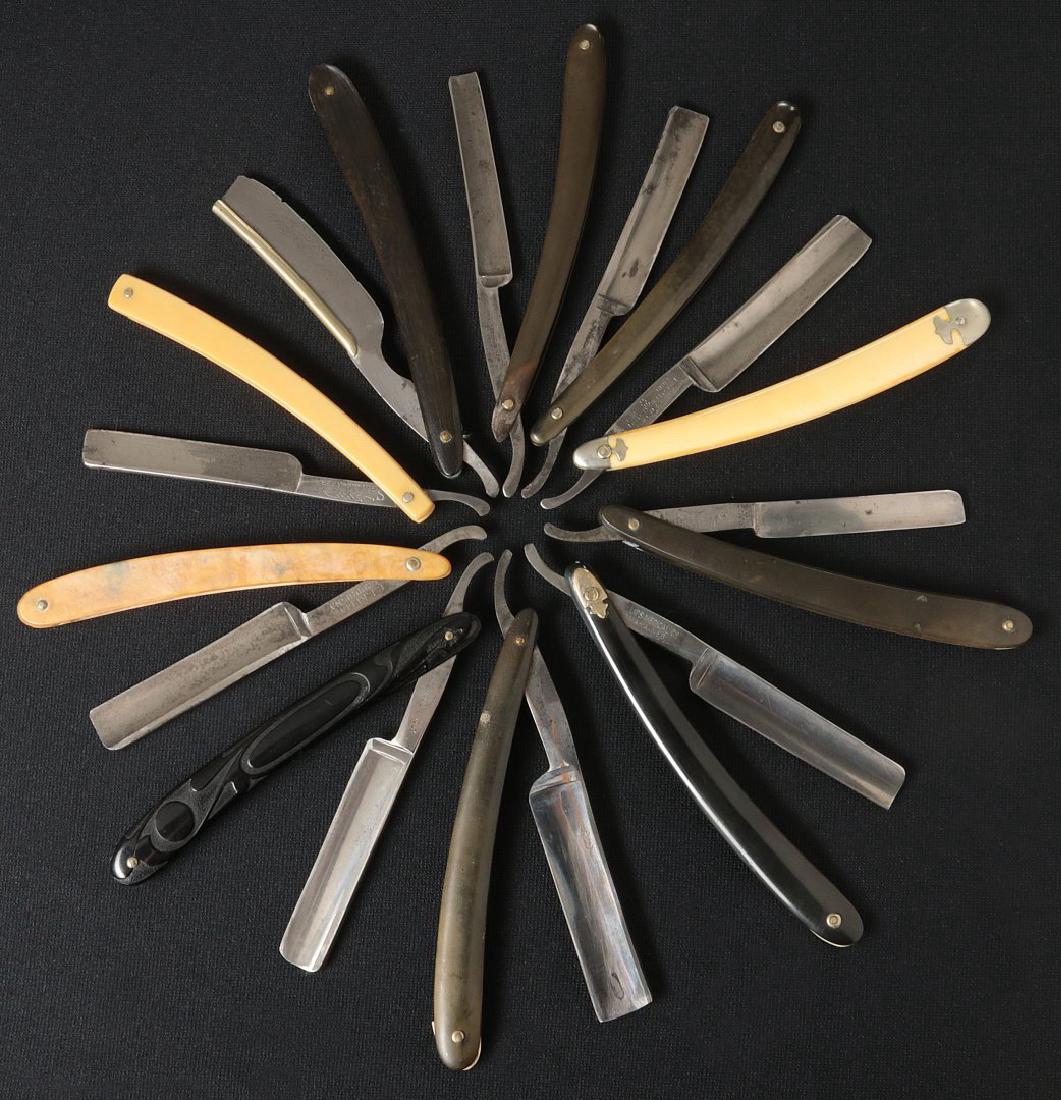 LOT OF TEN STRAIGHT RAZORS: Includes blades marked Wyeth, Dahlgren, Utica Knife & Razor, Blue Steel, etc. Variety of handles. Average 6 inches closed. We happily provide seamless in-house packing and shipping services on nearly