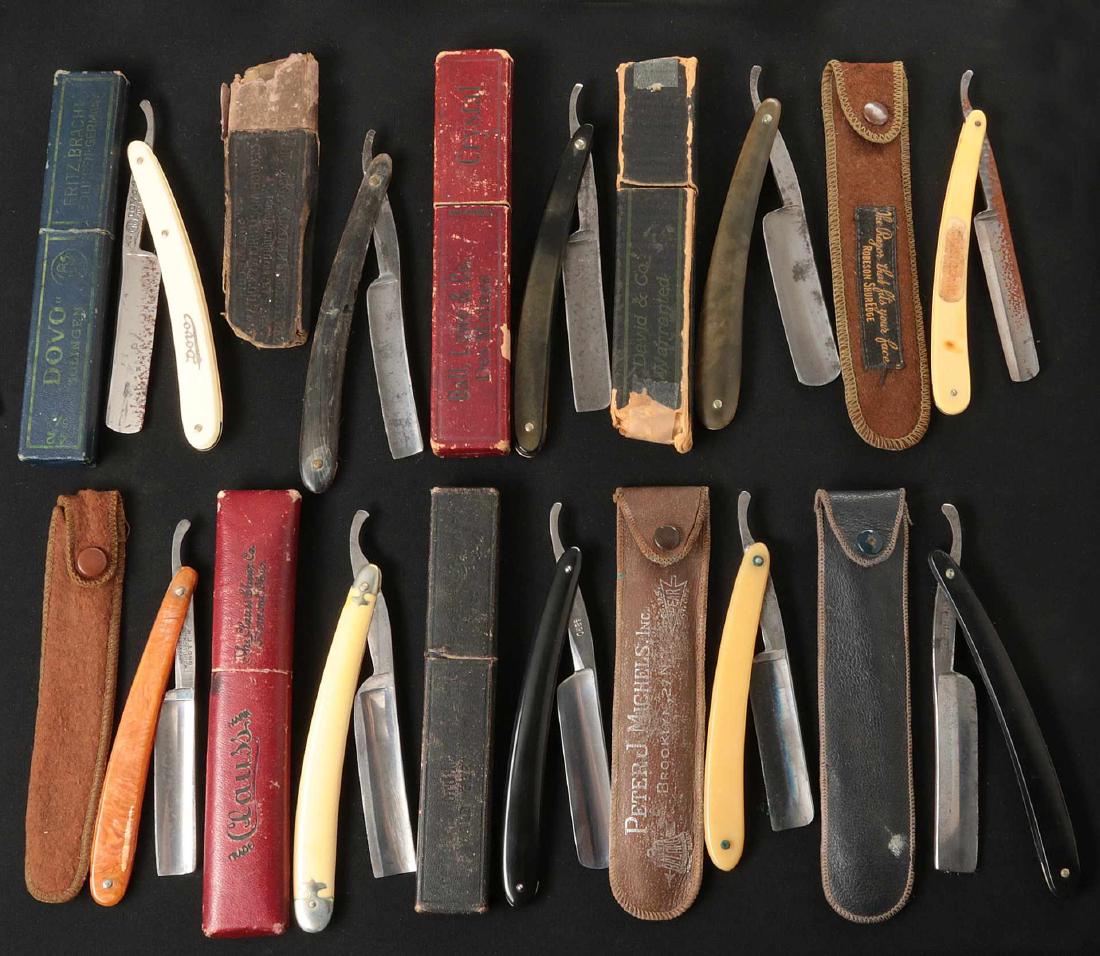 LOT OF TEN STRAIGHT RAZORS WITH BOXES: Includes blades marked Clauss, Peter J. Michels, J. David & Co., Fritz Bracht Dovo, etc. Variety of handles. Average 6 inches closed. With boxes or sheaths. We happily provide seamless in-house packin