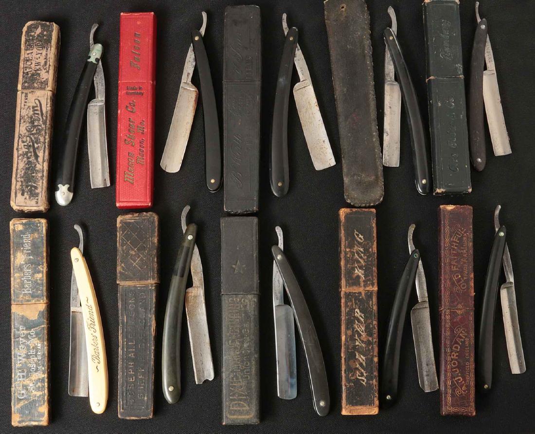 LOT OF TEN STRAIGHT RAZORS WITH BOXES: Includes blades marked Macon Shear Co., G.H. Weyer, Silver King, Otto Geber, etc. Variety of handles. Average 6 inches closed. With boxes or sheaths. We happily provide seamless in-house packing and s