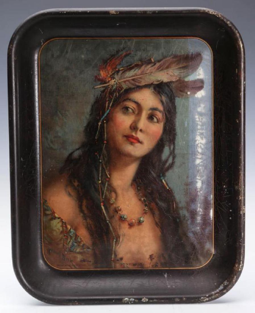 TIN LITHO TRAY PICTURING AMERICAN INDIAN MAIDEN (1 of 5)