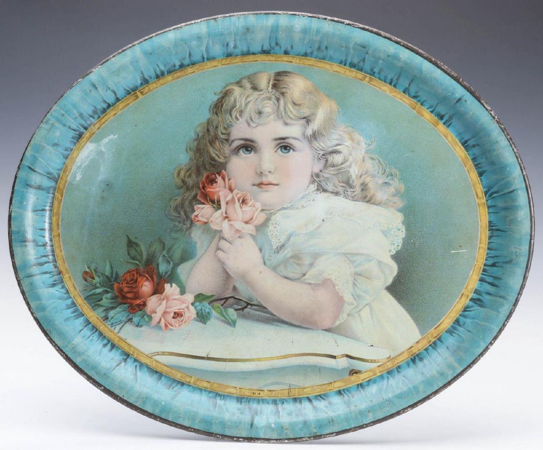 A VICTORIAN TIN LITHO TRAY WITH GIRL AND ROSES (1 of 5)