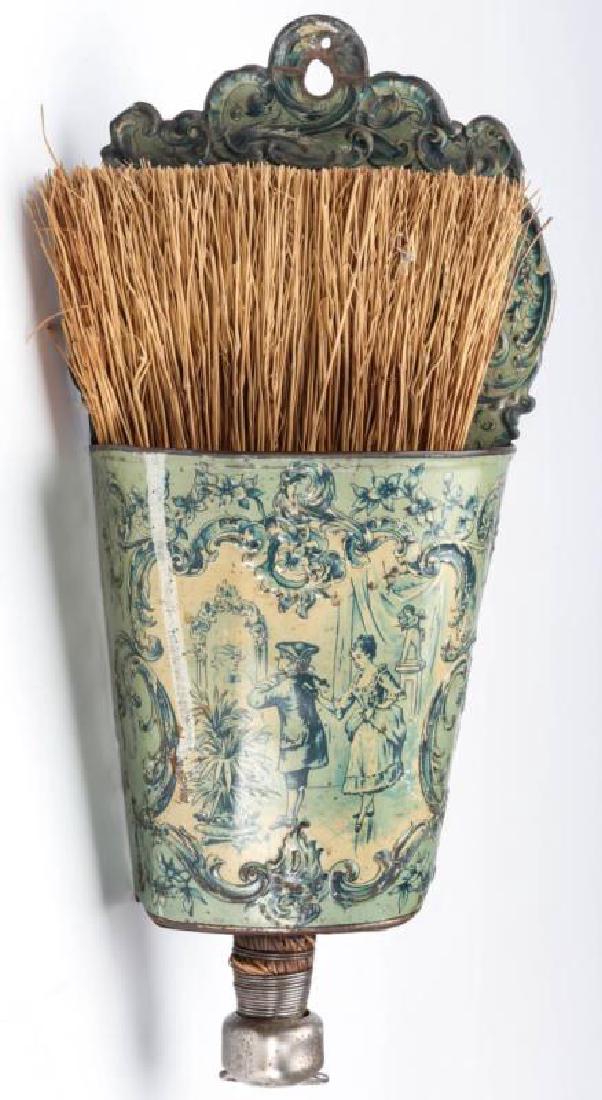 A CIRCA 1900 TIN LITHO WALL HANGING BRUSH HOLDER (1 of 4)