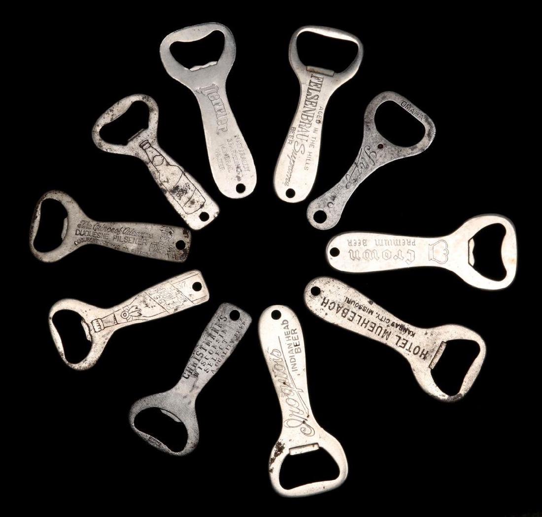 TEN HOTEL AND BEER ADVERTISING BOTTLE OPENERS: Circa 1940s. Sizes range from 3 x 1.5 inches to 3.75 x 1.5 inches. We happily provide seamless in-house packing and shipping services on nearly everything we sell.