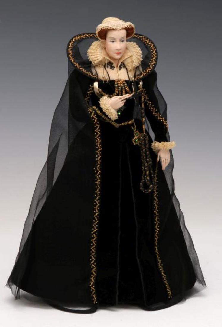 DOROTHY WENDELL HEIZER TUDOR ERA DOLL: A Dorothy Wendell Heizer (1881-1973) artisan portrait doll dressed in a Tudor Era (1485-1603) gown, signed on cloth tape inside the skirt, elaborate velvet gown, stockinette face, painted facial featu