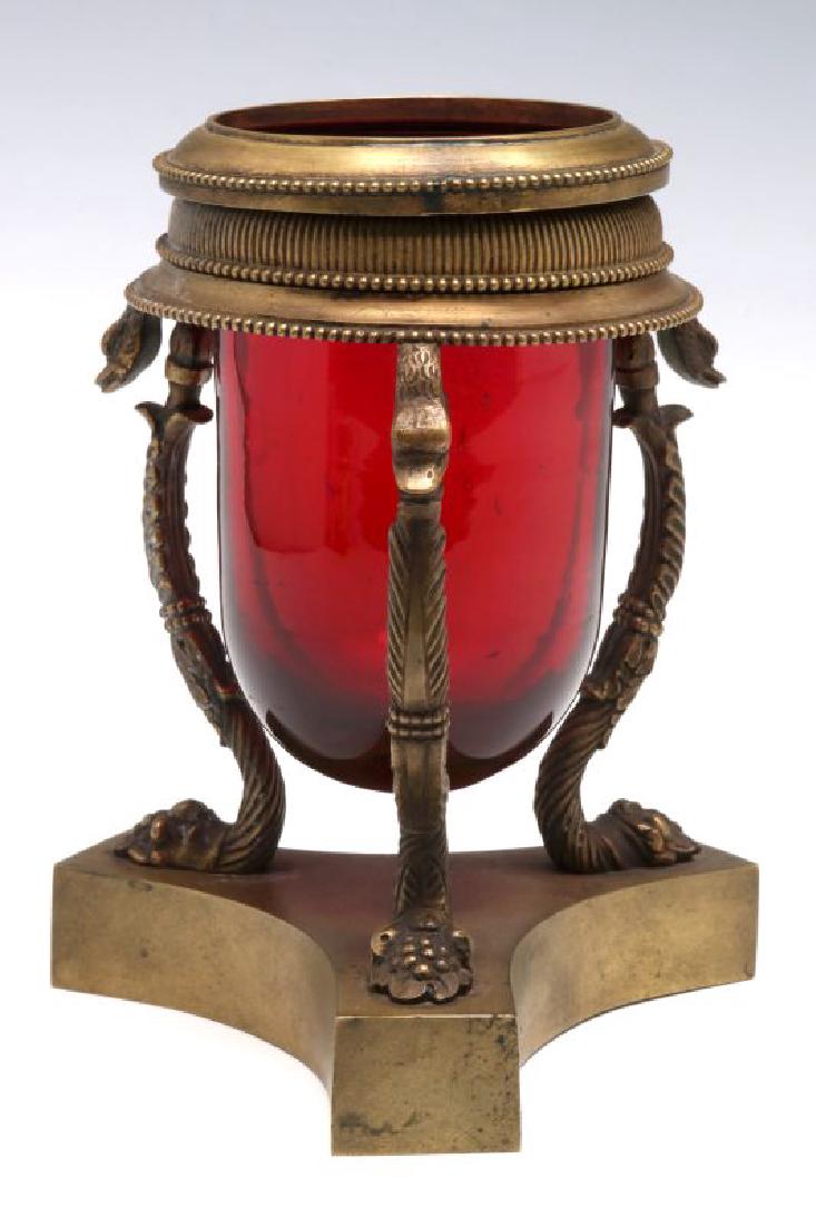 A 19TH C. FRENCH RUBY GLASS VASE IN BRONZE STAND (1 of 4)