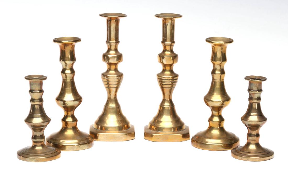 THREE PAIR EARLY 19TH C BRASS PUSH-UP CANDLE STICKS (1 of 5)