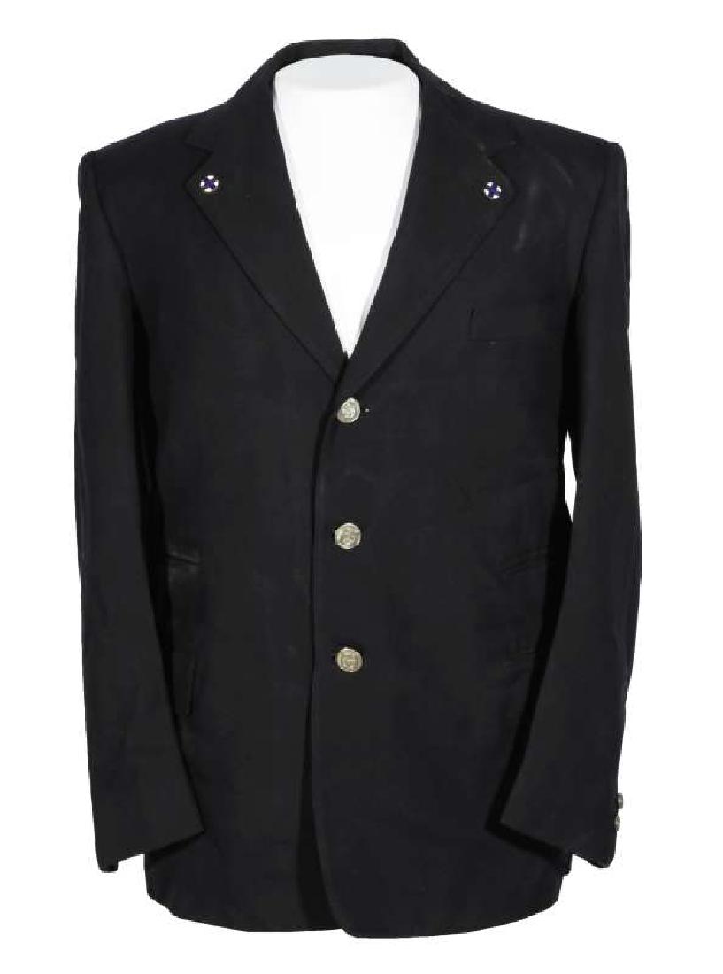 AT&SF SANTA FE RR FULL UNIFORM: Navy blue jacket with screwback enamel Santa Fe lapel devices, bright silver-toned front buttons, and cuff buttons. Name tag to inside pocket, name illegible, dated Aug 9, 1955. Matching wool trousers