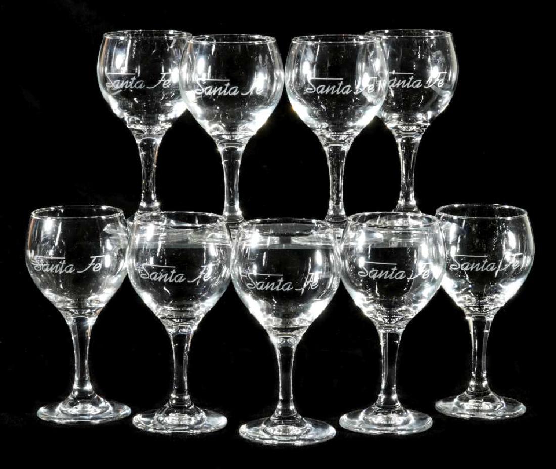 NINE AT&SF SANTA FE RR ETCHED LOGO WINE STEMS: Eight stems with frosted etched Santa Fe logo, no lines. Measure 6.25 x 3 inches. We happily provide seamless in-house packing and shipping services on nearly everything we sell.