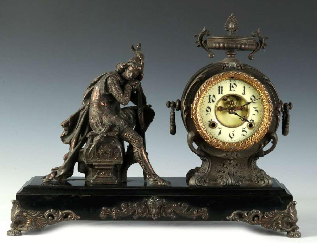 A NEW HAVEN 'IVANHOE' STATUE CLOCK: As shown with damage to the dial. Measures 15.5 x 20 x 7 inches. We happily provide seamless in-house packing and shipping services on nearly everything we sell.
