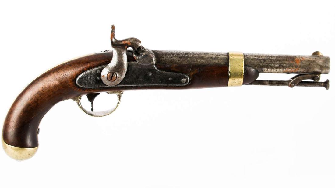 US M1841 PISTOL, PERCUSSION CAP: No serial number, no manufacturer's marks, 8.5 inch barrel, brass fittings, attached original ramrod, much surface wear & pitting, complete, wood is sound with surface wear. We happily provide seamles
