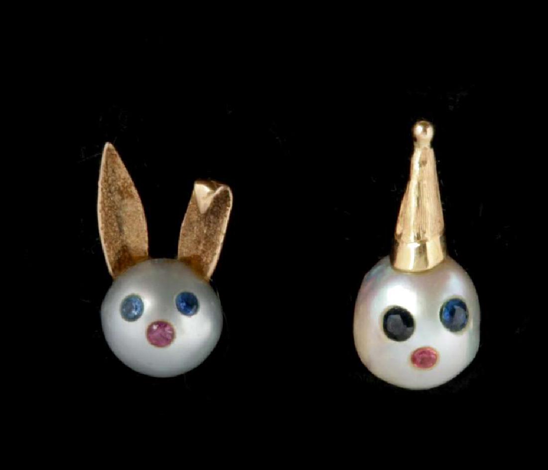 TWO PEARL AND 14K GOLD FIGURAL LAPEL PINS (1 of 6)