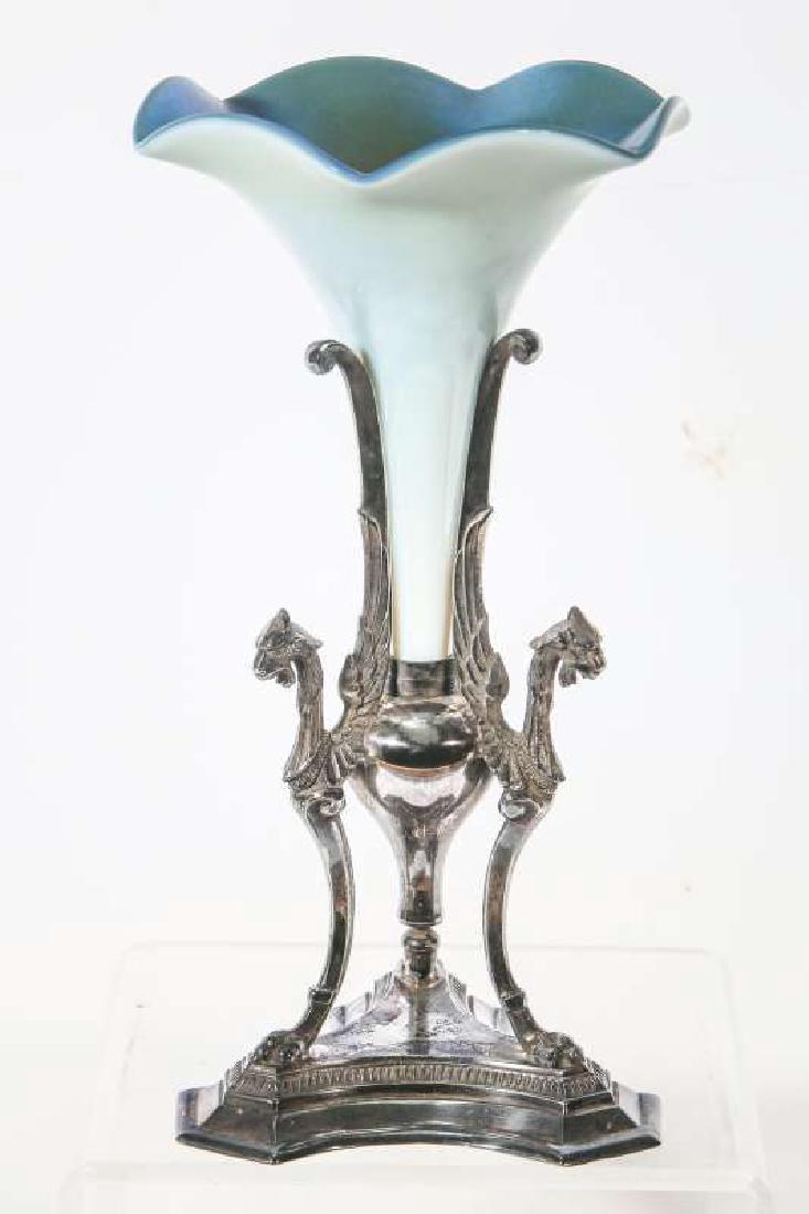 STEUBEN BLUE AURENE TRUMPET IN SILVER PLATED STAND (1 of 11)