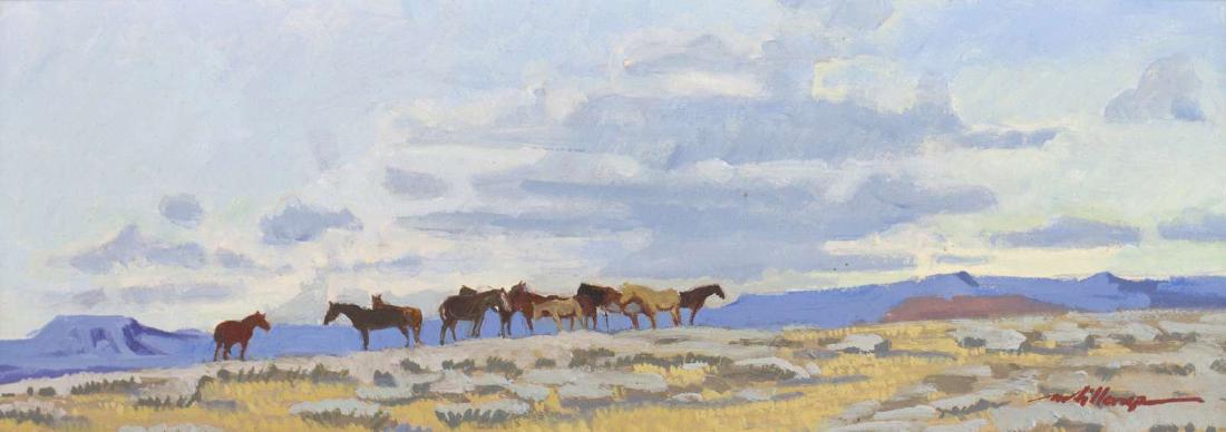 MEL FILLERUP (1924-2010) OIL ON PANEL: Titled 'Horses in the Summer Breeze' verso with an artist's label, numbered 1199, signed lower right. Measures 8 x 15.75 inches, 10 x 20 inches overall. We happily provide seamless in-house packing an
