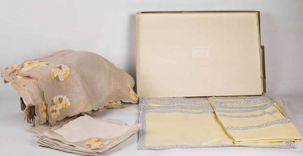 BOXED AND UNUSED VINTAGE MARGHAB LINENS: Two sets of eight napkins and placements, one found in a Marghab Linens box. Sizes range 16 x 17 inches to 16.5 x 13 inches. We happily provide seamless in-house packing and shipping services on near