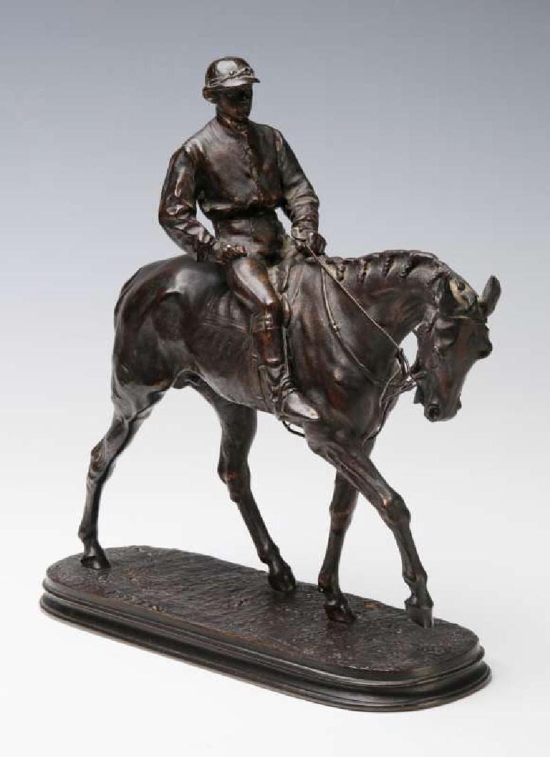 PIERRE JULES MENE (1810-1879) EQUESTRIAN BRONZE: The Pierre Jules Mene (1810-1879, France) bronze sculpture of jockey on horseback, cast signature on the base, no foundry markings found, circa early 20th century. Measures 10 x 10 x 3 inches. We happ