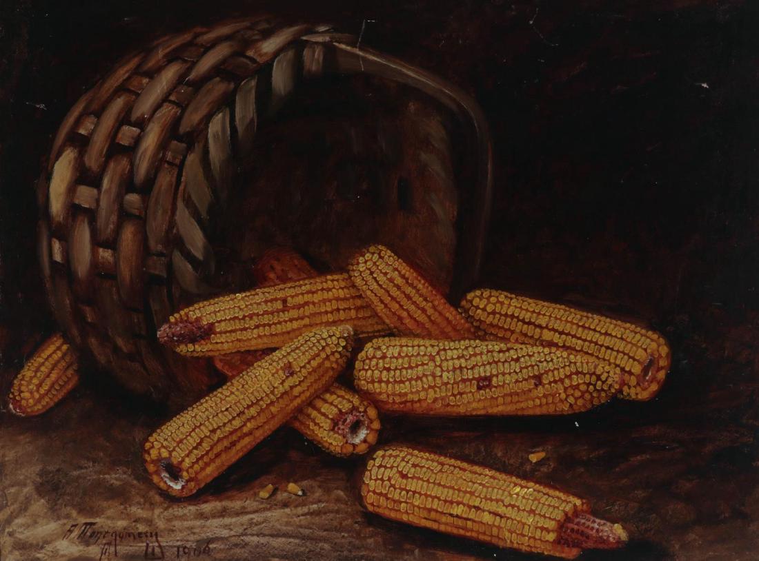 ALFRED MONTGOMERY (1857-1922) OIL ON ARTIST'S BOARD: A rustic American still life depicting a splint harvest basket with bentwood handle spilling ears of yellow corn with thick impasto kernels in thick impasto on red cobs in the distinctive Alfred Montg