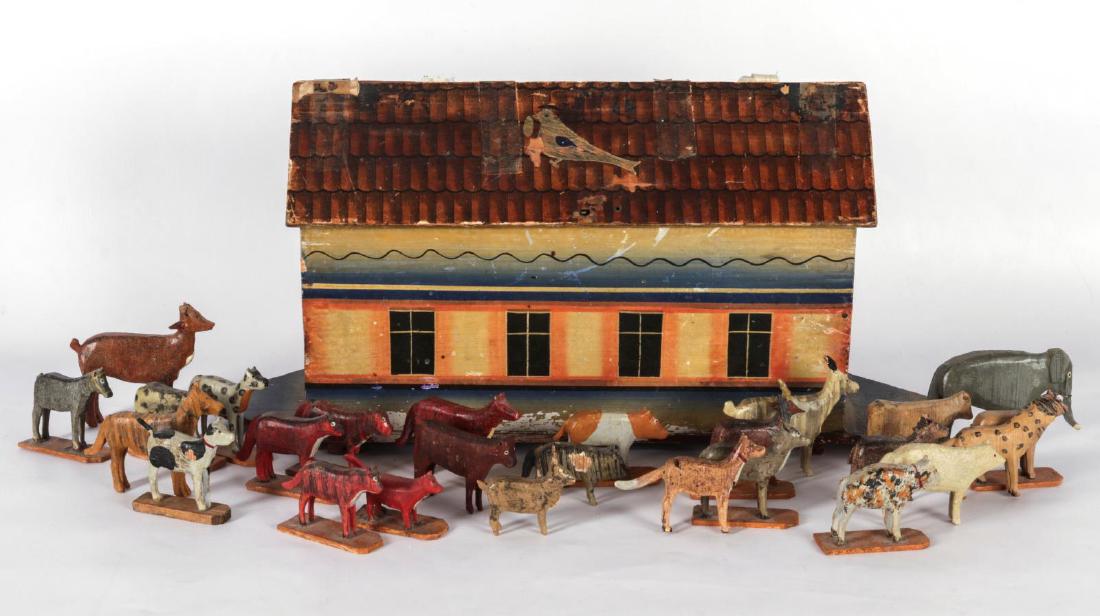 C. 1880 PAINTED WOOD NOAH'S ARK WITH 25 ANIMALS (1 of 10)