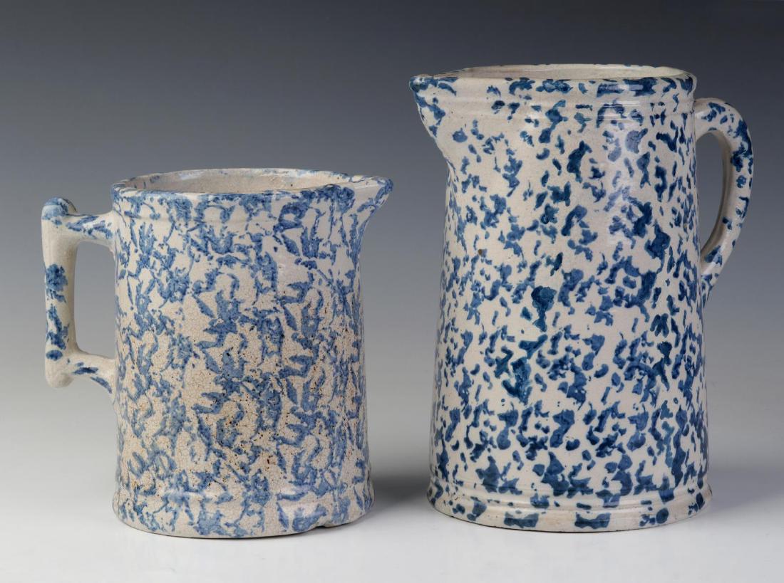 TWO BLUE AND WHITE SPONGED STONEWARE PITCHERS (1 of 10)