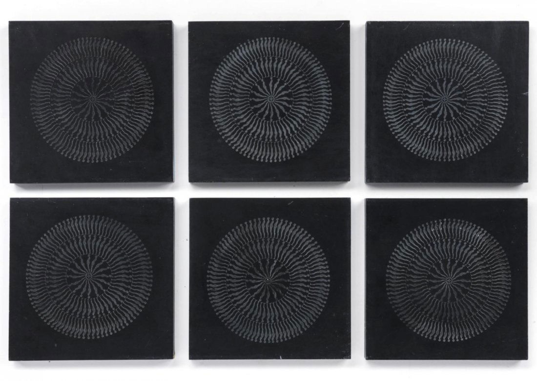 ERNEST TROVA (1927-2009) FALLING MAN CARVED SLATE: Ernest Trova (1927-2009) 'Falling Man' series 1978 Six individual, thick slate tiles, the face of each is intaglio carved with concentric radial designs of the iconic 'Falling Man' armless human figur