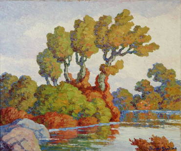 BIRGER SANDZEN (1871-1954) OIL ON PANEL: Birger Sandzen (1871-1954) Autumn Symphony (Smoky Hill River, Kansas) 1946 Titled 'Autumn Symphony (Smoky Hill River, Kansas)' and dated 1946 verso. Signed lower right, and again verso along with the