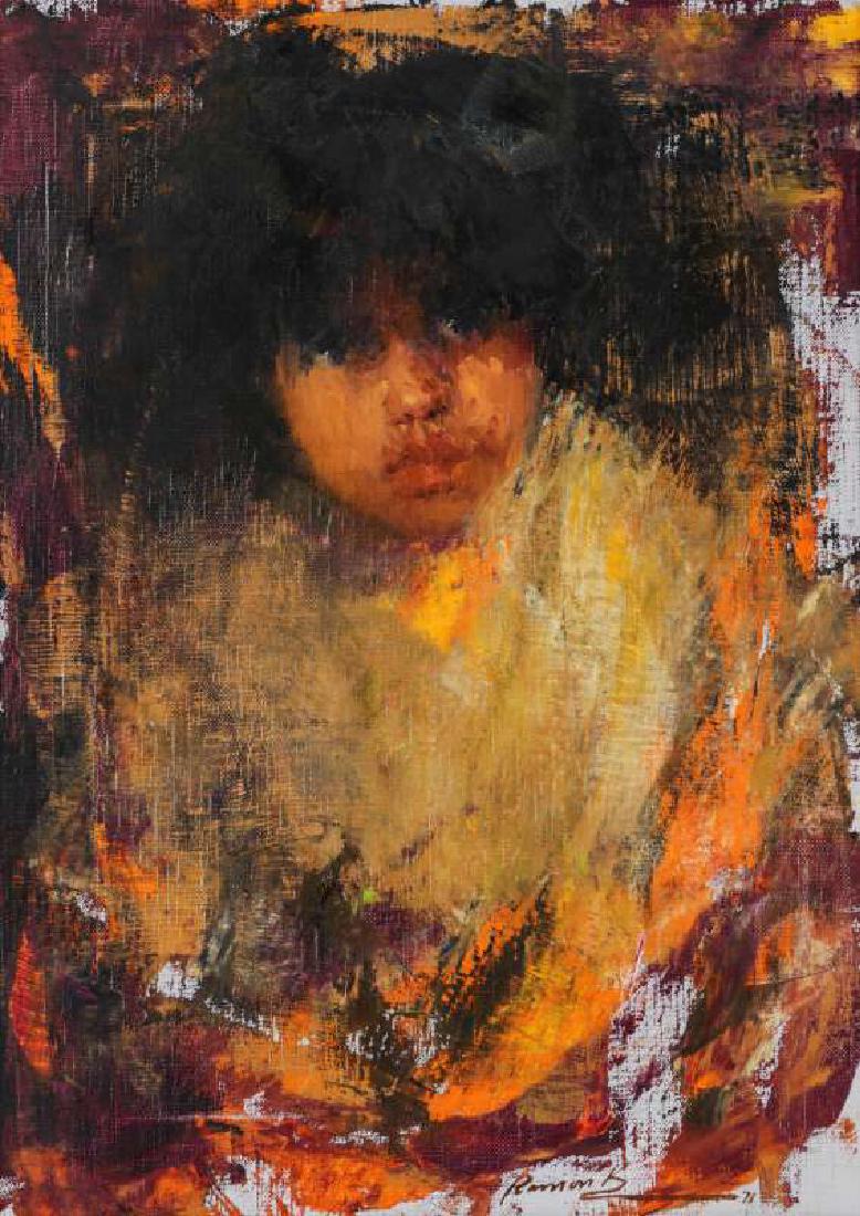RAMON KELLY (B. 1939) OIL ON CANVAS: Ramon Kelly Ojitos (Little Eyes) 1971 An oil on canvas signed lower right and dated 71. The canvas measures 16 x 12, the frame is 24.5 x 20.5 inches. We happily provide seamless in-house packing and s