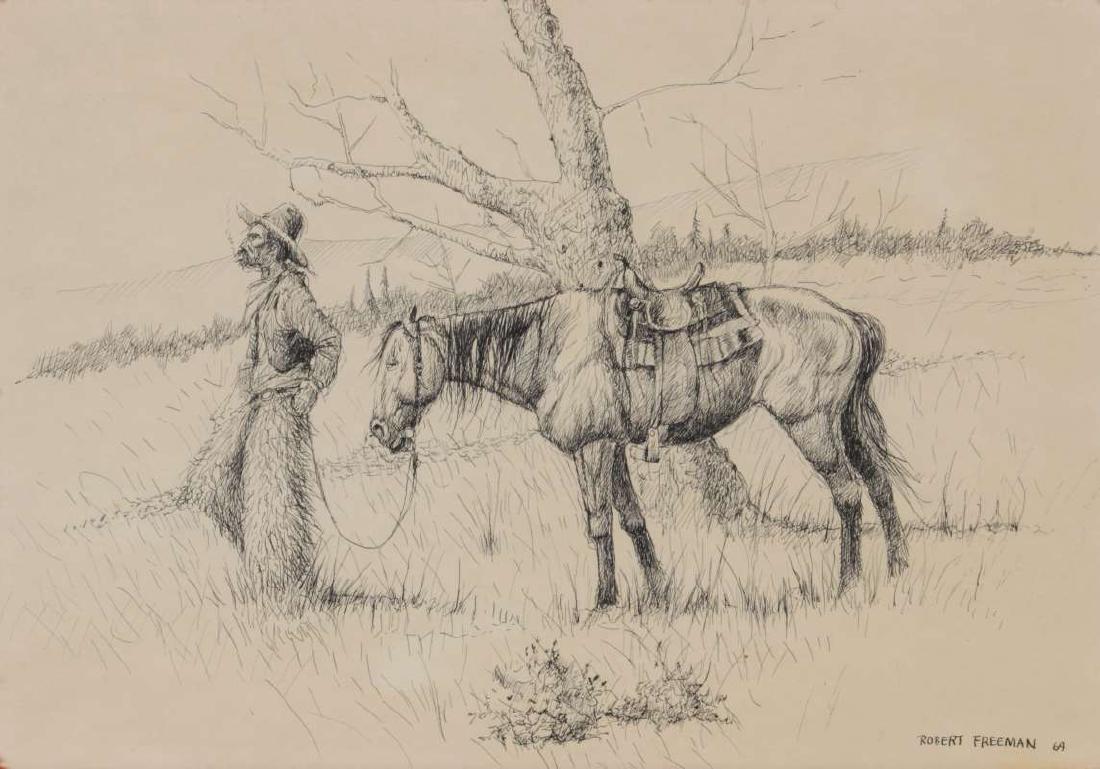 ROBERT FREEMAN (B. 1927) INK DRAWING ON PAPER: ROBERT FREEMAN Time Out. 1969 An original pen and ink on paper, signed lower right and dated 69. Provenance: Shriver Gallery, Kansas City, Missouri. Sight size measures 8.75 x 12.75 and the frame is 1